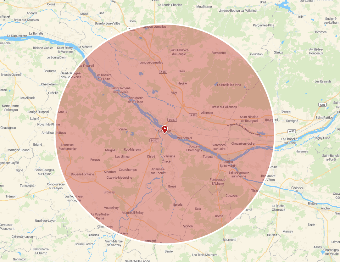 Zone d'intervention VroomGlass — rayon de 100 km autour de Saumur